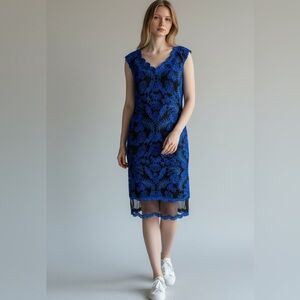 Tadashi Shoji, cobalt blue black lace midi dress, EUC. 16